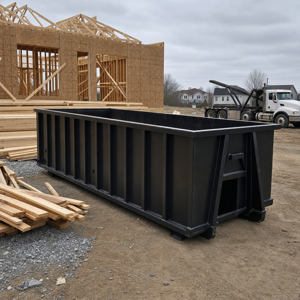 Matte-black 40-yard roll-off dumpster staged on a framed-out residential construction site in Edinburg, framing lumber stacked nearby, hooklift delivery truck visible in the background under bright Colorado daylight