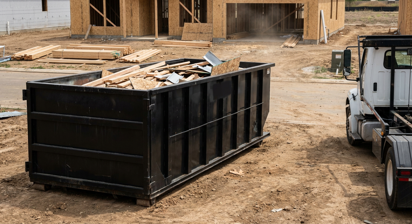 Matte-black 20-yard roll-off construction dumpster with heavy ribbed steel sidewalls and swing rear doors at a working jobsite in Edinburg, sitting directly on compacted dirt with an unmarked white hauler partially visible at the far edge of the frame.
