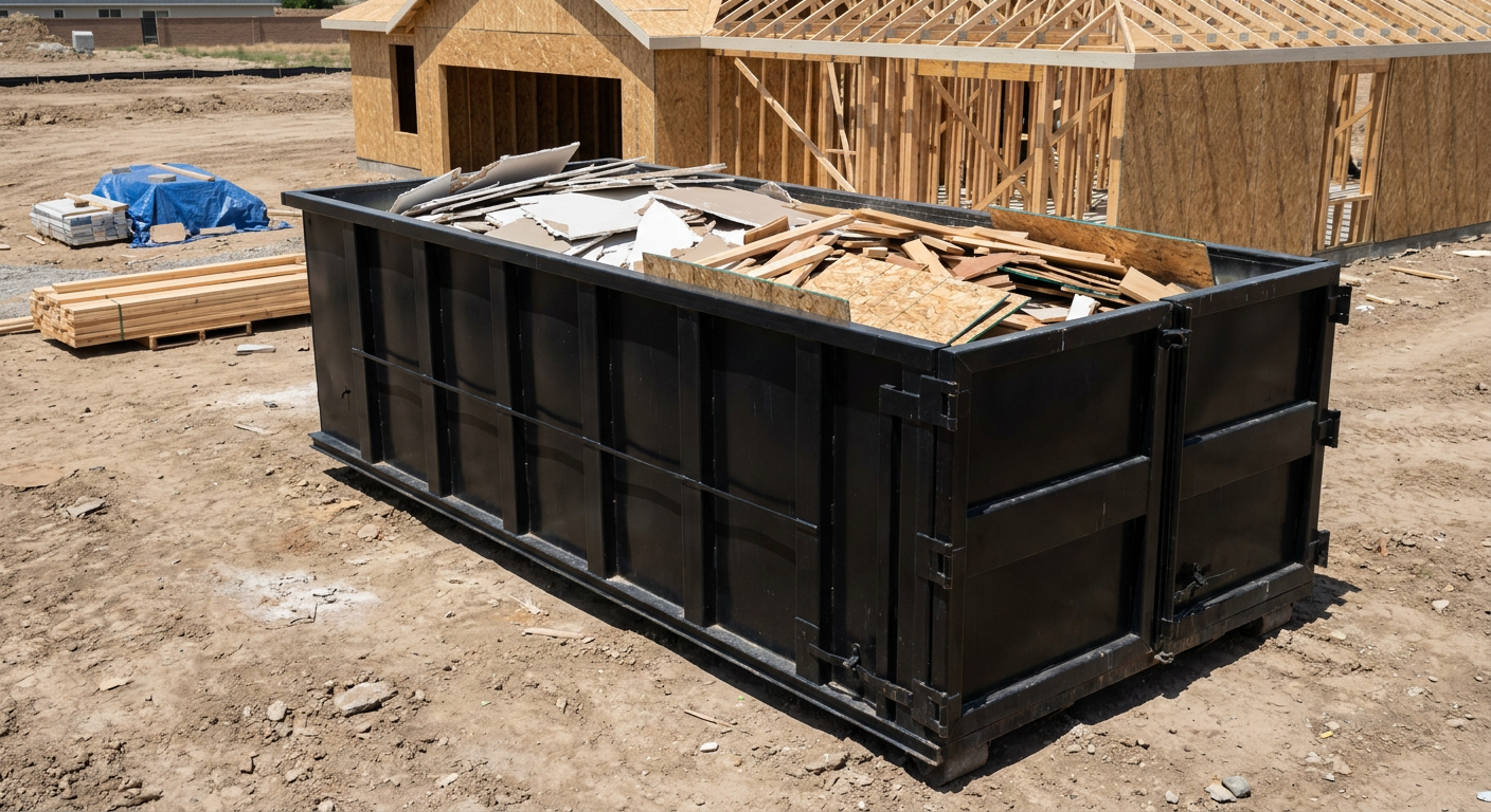 Matte-black 30-yard roll-off construction dumpster sitting directly on the compacted-dirt site of a framed single-family home build in Edinburg, drywall and lumber scrap loaded inside.