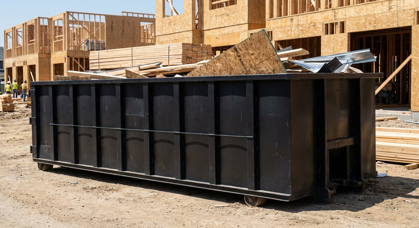 Matte-black 40-yard roll-off construction dumpster being lowered from a white-cab hooklift delivery truck onto the compacted-dirt jobsite at a commercial build site in Edinburg