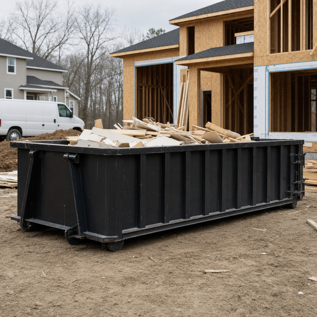 Worker in a yellow high-visibility vest tossing framing lumber and broken drywall into a matte-black 30-yard construction roll-off dumpster on an active build site in Edinburg, bright daylight