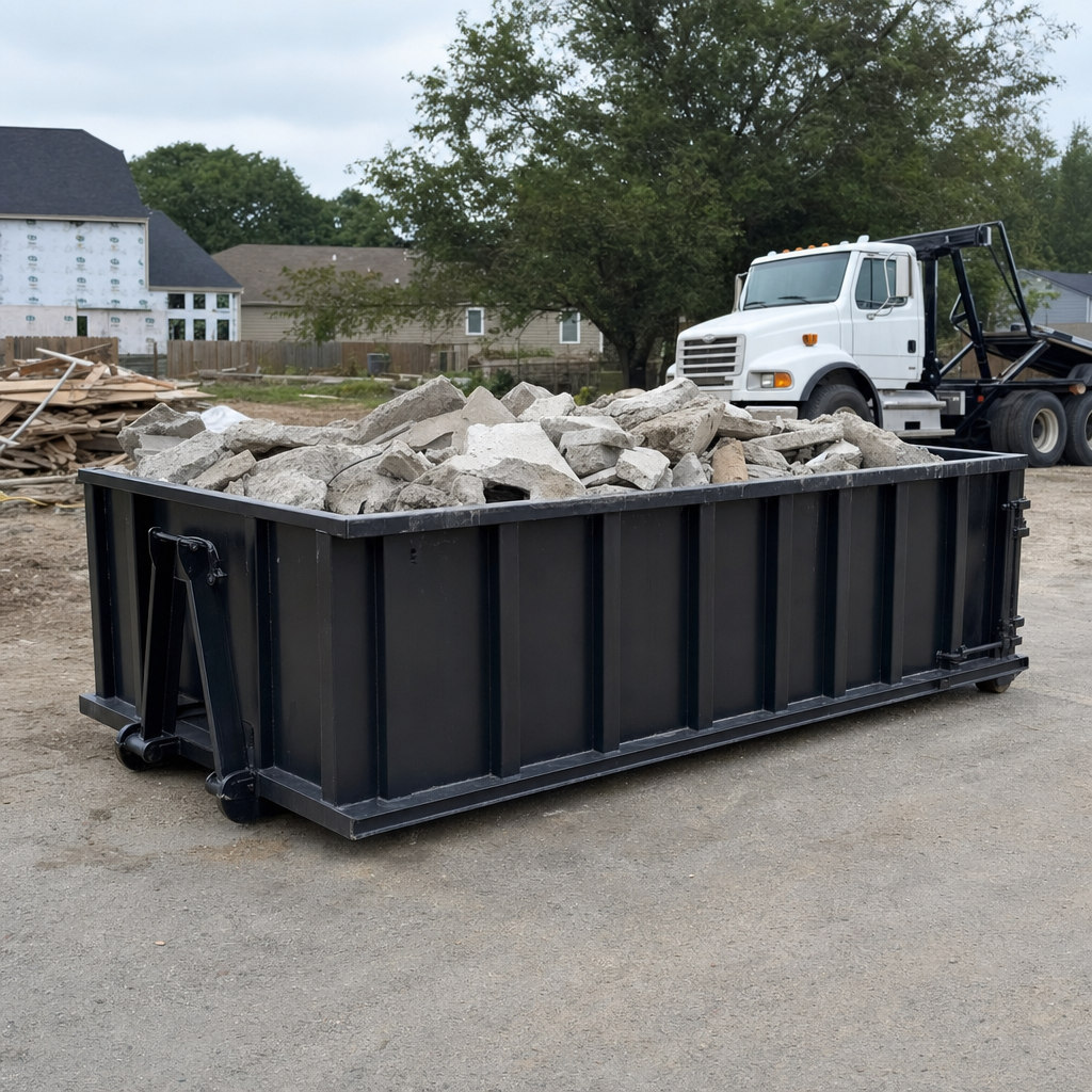 Low-profile matte-black lowboy roll-off dumpster loaded with broken concrete slab and rebar at a foundation tear-out in Edinburg, skid steer parked beside it, sunny Colorado morning