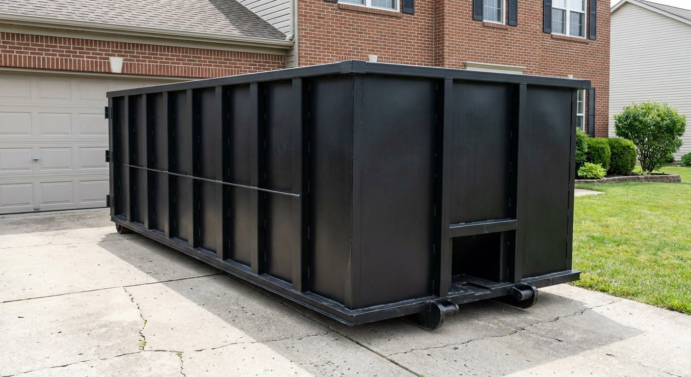 Matte-black 20-yard roll-off container on a Edinburg residential concrete driveway with reinforced ribbed steel sidewalls and a hinged rear walk-in door, clean bright daylight.