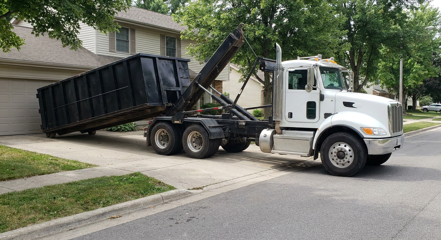 White-cab hooklift roll-off truck actively lowering a matte-black dumpster onto a Edinburg residential concrete driveway, the dumpster's rear wheels touching the driveway as the hoist arm tilts the bed forward, mid-morning daylight.