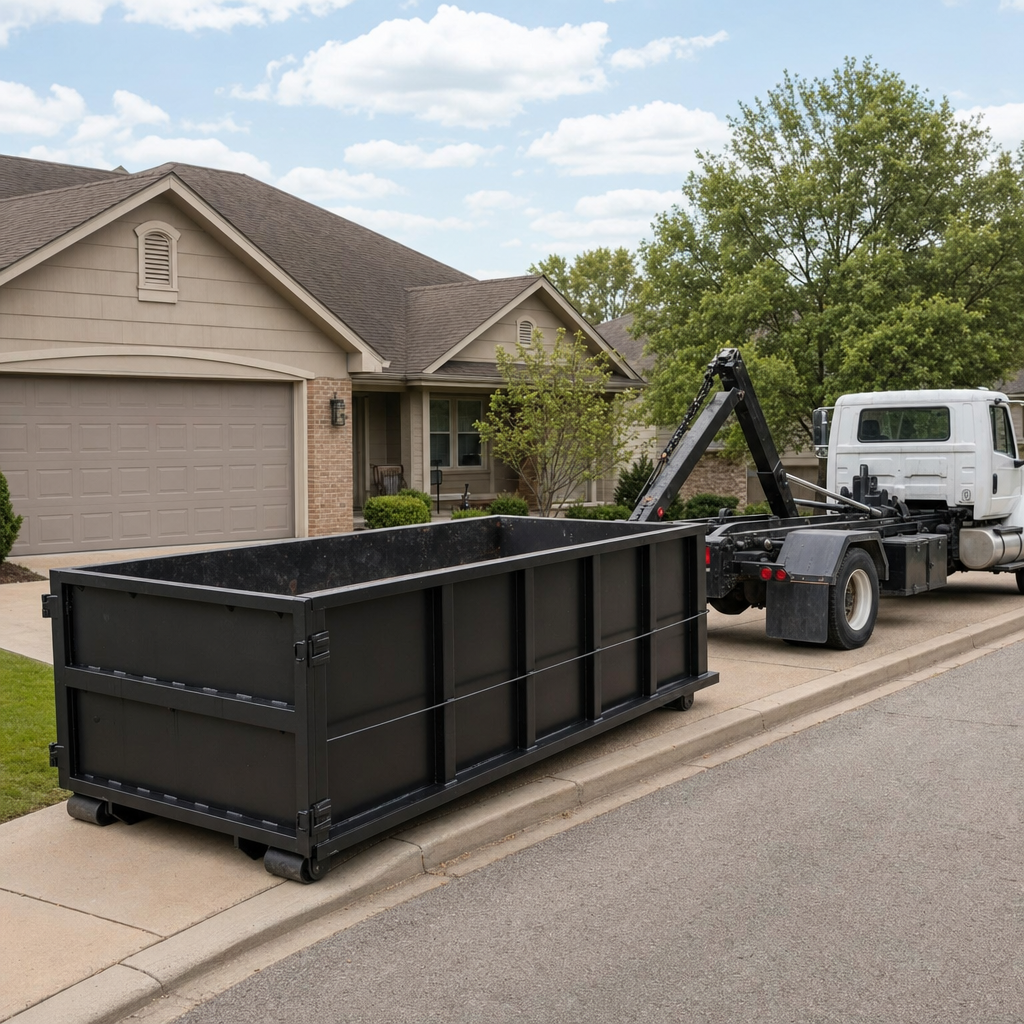 Wide documentary shot of a matte-black roll-off dumpster on a Edinburg residential driveway in the foreground and a contractor jobsite container in the soft-focus background, bright daylight, calm and orderly composition.