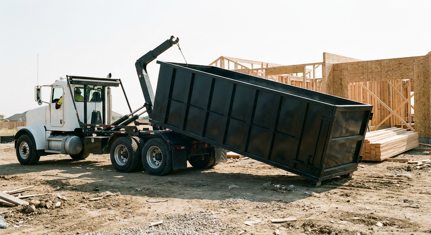 Matte-black roll-off dumpster being delivered onto a clean residential concrete driveway in Edinburg by an unmarked white hooklift hauler truck, bright morning daylight, documentary 35mm perspective.