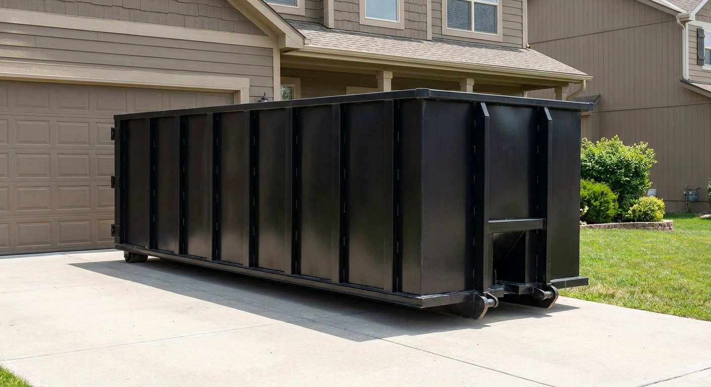Matte-black residential roll-off dumpster sitting directly on a suburban Edinburg concrete driveway, garage door closed, single-family home in background, bright morning daylight.