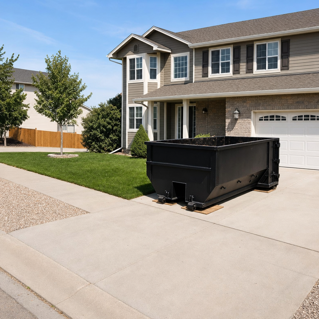 10-yard matte-black residential dumpster placed directly on a narrow Edinburg concrete driveway, room remains for a parked sedan beside it, mid-morning natural light