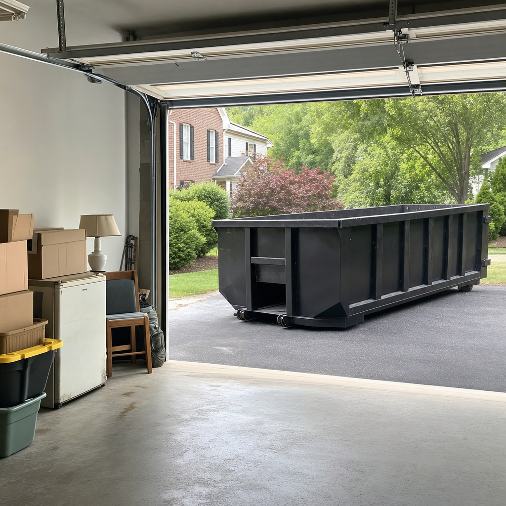 Open garage interior in a Edinburg home mid-cleanout — boxed items, an old appliance, and stacked yard tools queued near the driveway for a matte-black roll-off dumpster, organized and calm