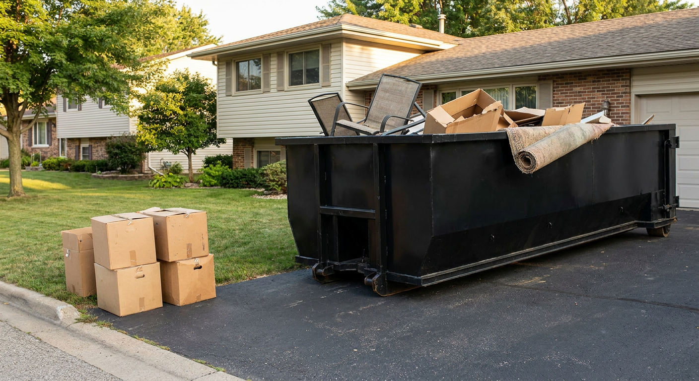Front-yard view of a Edinburg split-level home with a 20-yard matte-black roll-off dumpster sitting directly on the asphalt driveway, a few clearly labeled donation boxes staged at the curb, calm sunny afternoon.