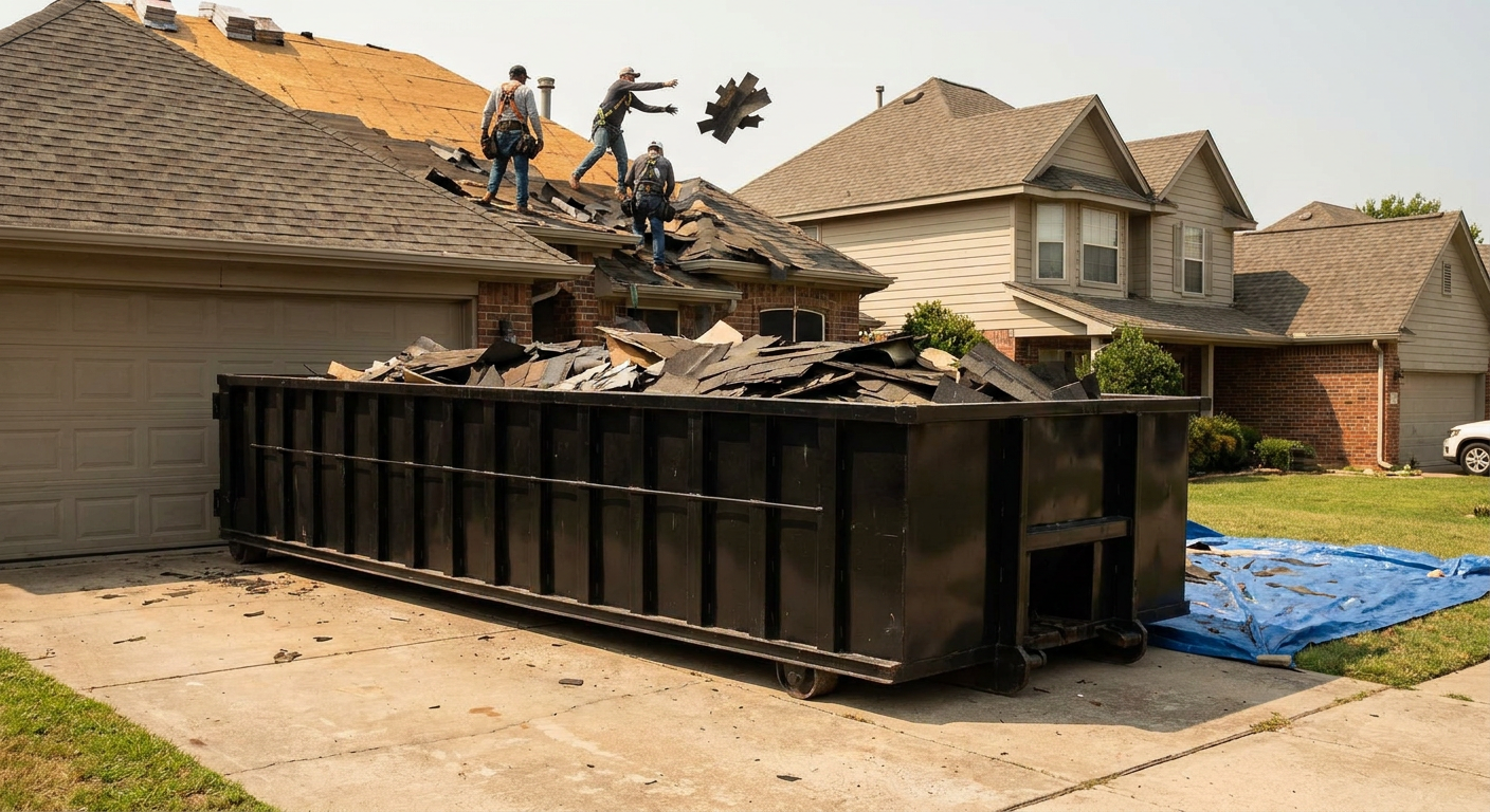 Matte-black roofing roll-off dumpster placed directly on a Edinburg residential concrete driveway, a tear-off crew on a two-story asphalt-shingle roof tossing shingle bundles into the low-walled container, bright daylight, documentary 35mm perspective.