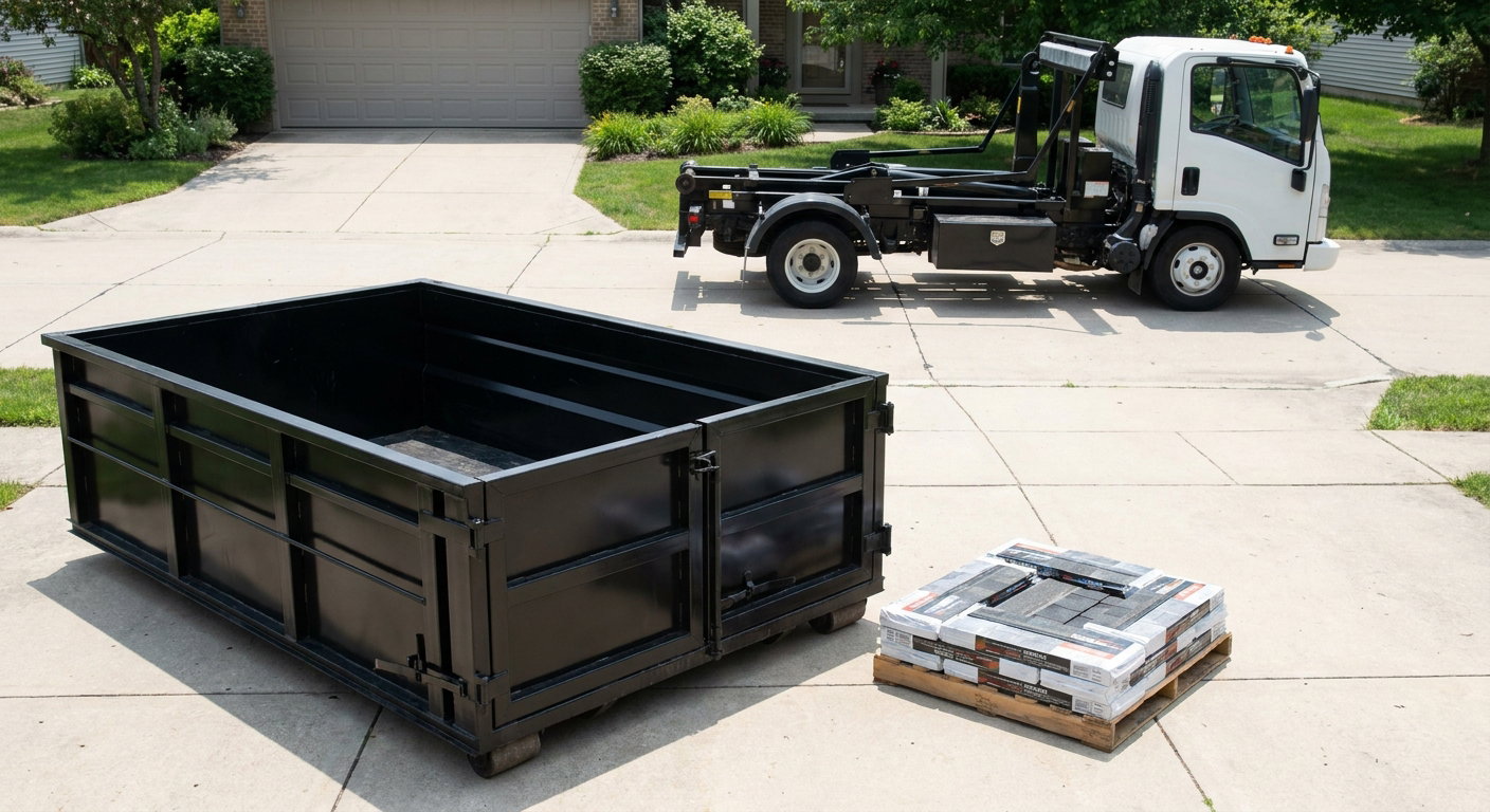 Matte-black 15-yard roofing roll-off dumpster with reinforced low side walls sitting directly on a Edinburg residential concrete driveway, three-tab asphalt shingle bundles stacked nearby, an unmarked white hauler truck partially visible at the edge of the frame.
