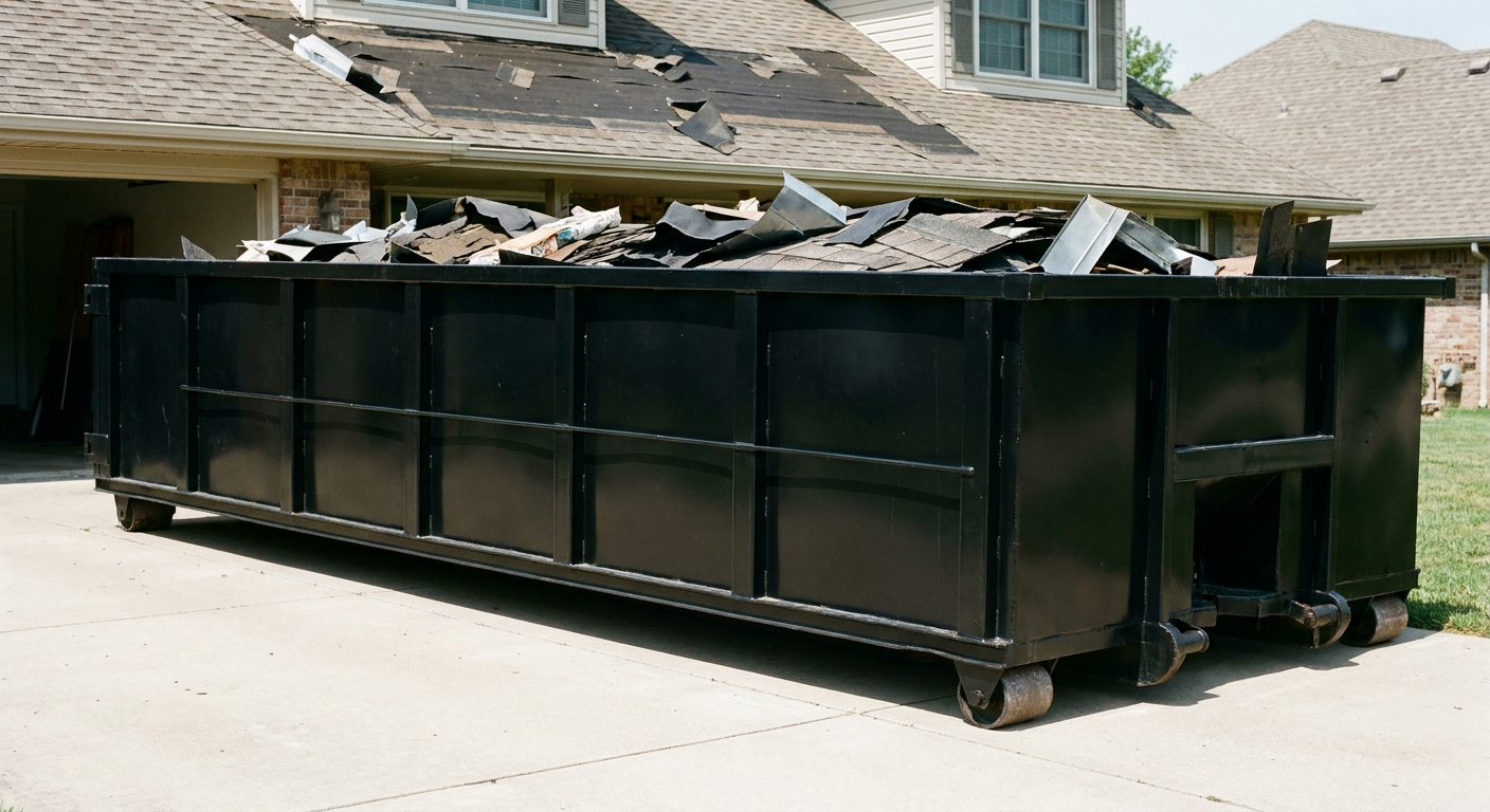 Matte-black 20-yard roofing roll-off dumpster with steel ribbed sides and swinging rear door, sitting directly on the concrete driveway of a two-story Edinburg home, asphalt shingle debris being loaded over the low wall, clean documentary lighting.