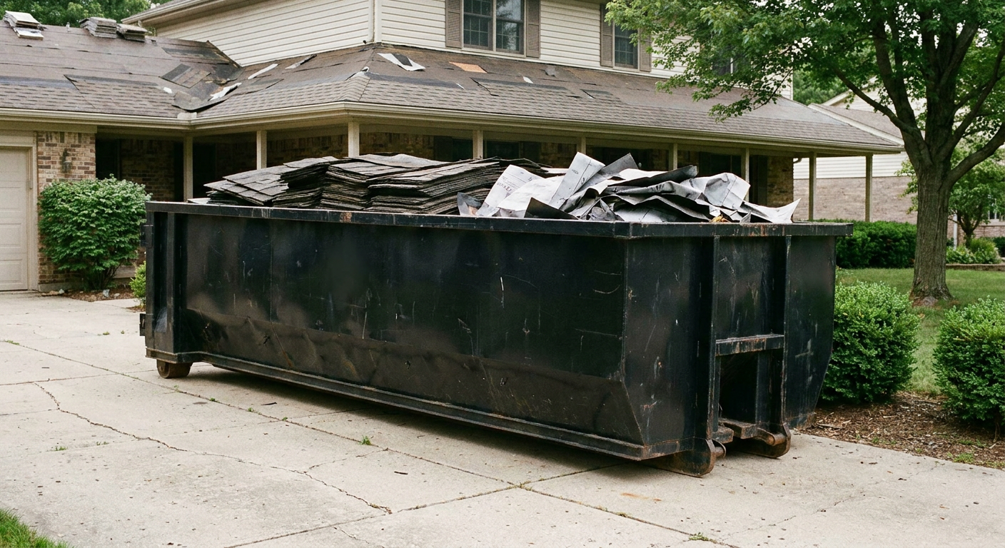Matte-black 30-yard roofing roll-off dumpster sitting directly on a Edinburg concrete driveway, taller ribbed steel side panels, mixed tear-off debris of asphalt shingles and underlayment inside, professional documentary daylight.