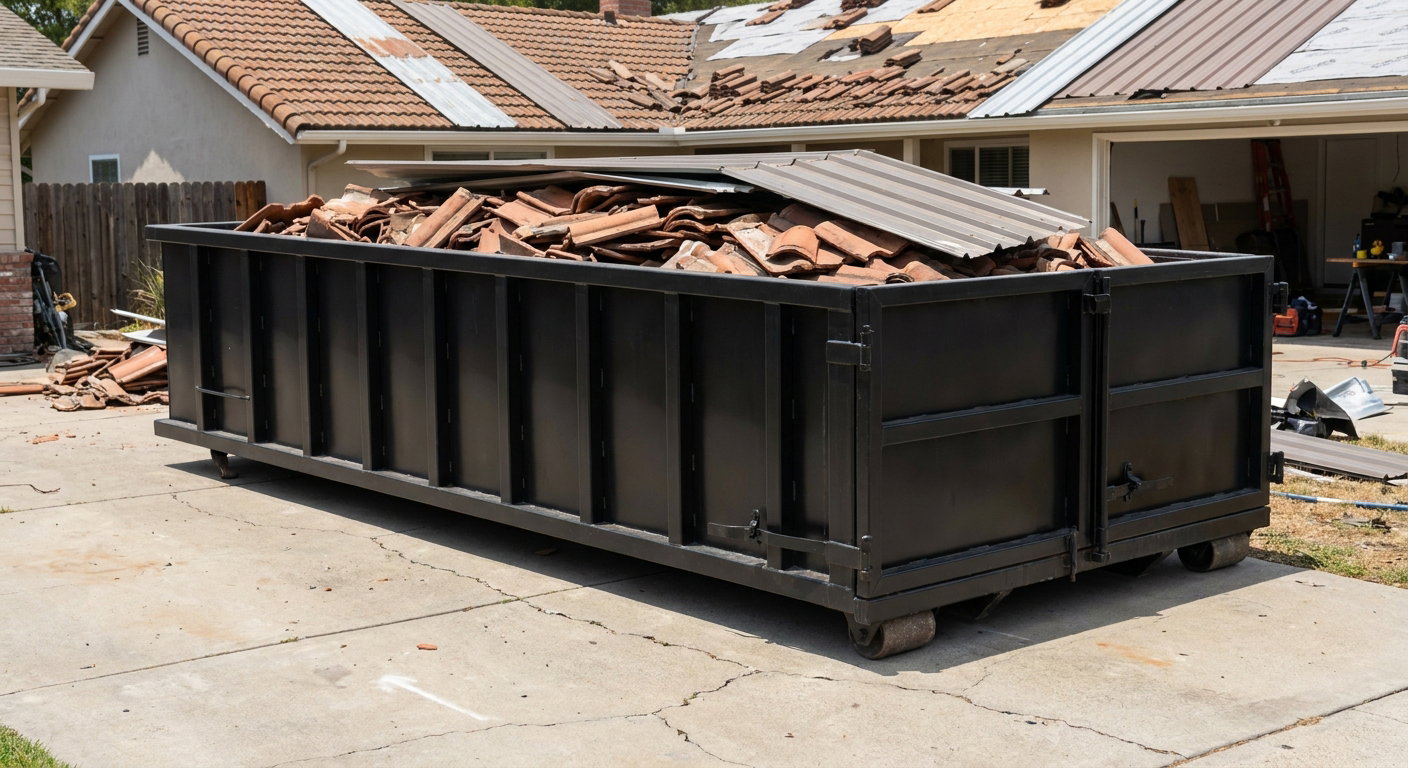 Matte-black low-wall heavy-debris roofing roll-off dumpster sitting directly on a Edinburg concrete driveway, broken concrete clay roof tiles and metal panel sections loaded inside, reinforced ribbed steel side walls visible, bright outdoor daylight.