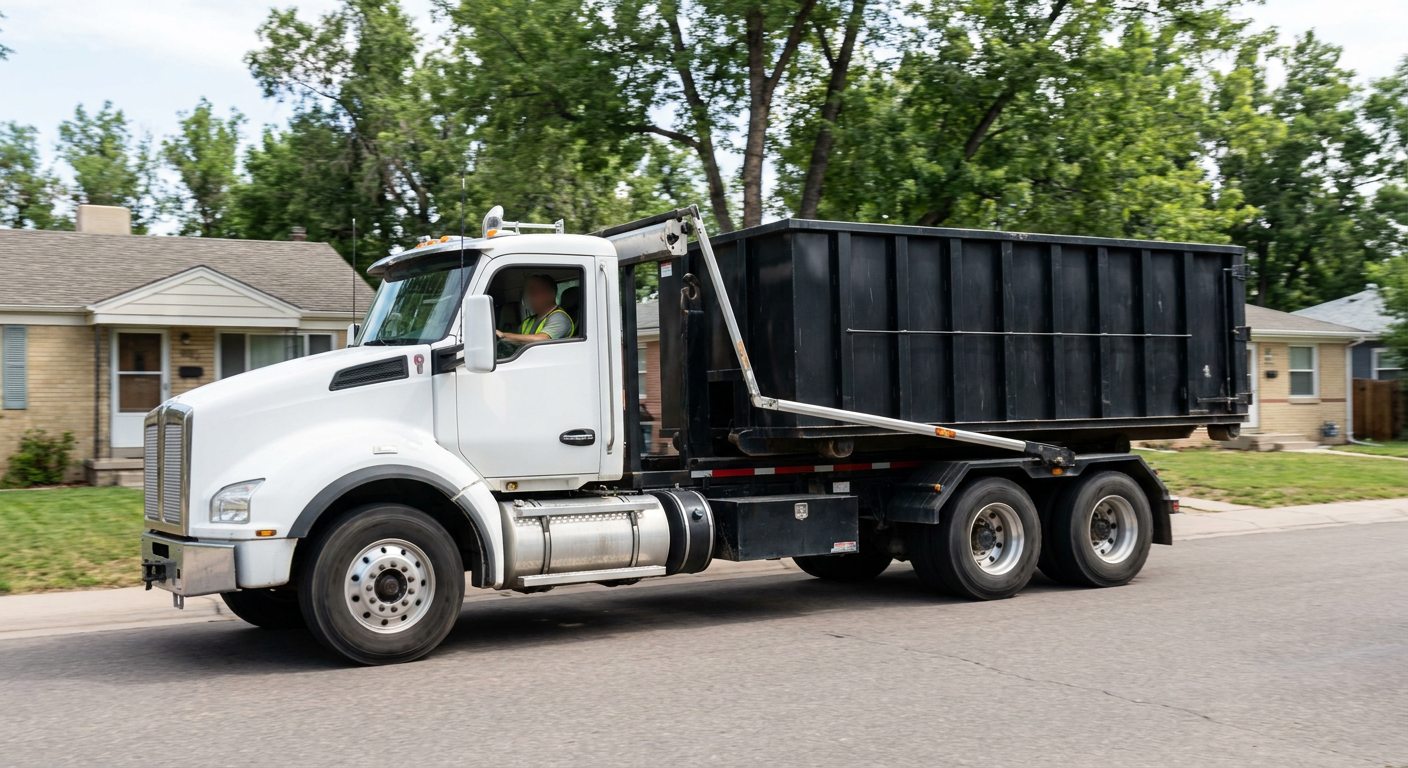 A wide documentary shot of a matte-black roll-off delivery truck pulling onto a quiet Edinburg residential street at mid-morning, with neighborhood rooftops and tree-lined blocks visible behind, showing the metro coverage footprint.