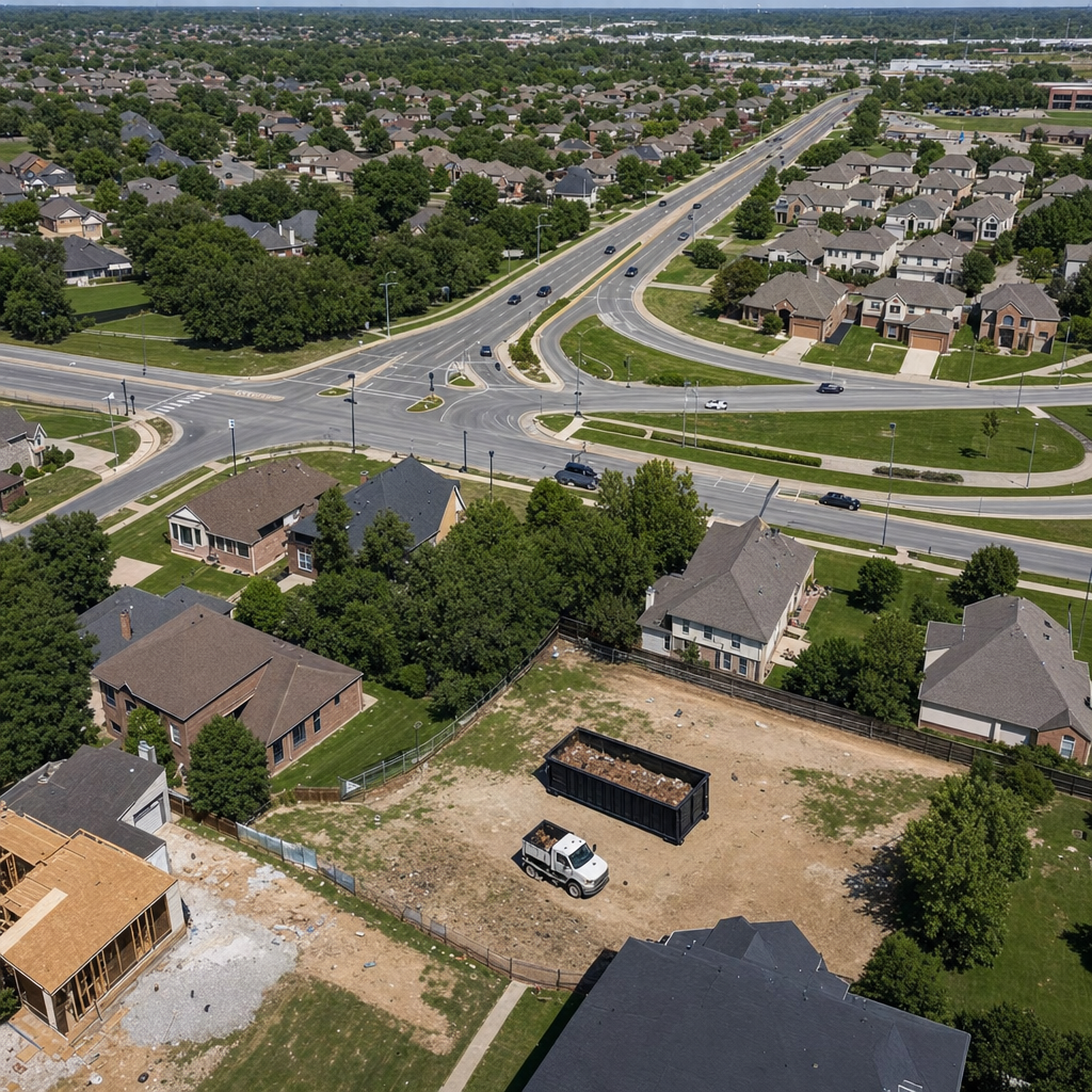 An overhead documentary view of the Edinburg metro area at midday, showing the spread of neighborhoods, arterial roads, and the dispatch radius from a central yard — clean daylight, organized geographic layout.