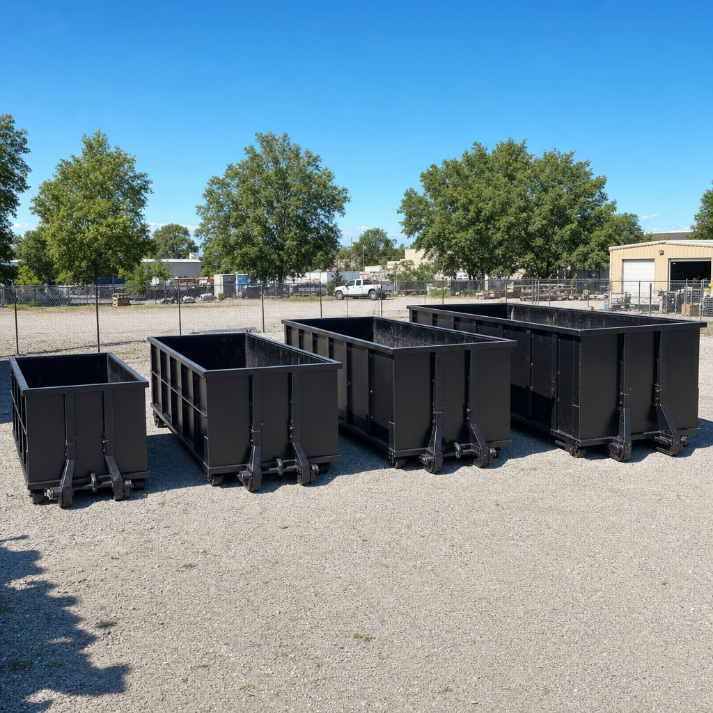 A clean lineup of matte-black roll-off dumpsters in 10, 20, 30, and 40-yard sizes staged on a sunlit gravel yard in Edinburg, showing the size progression from compact to commercial-scale containers.