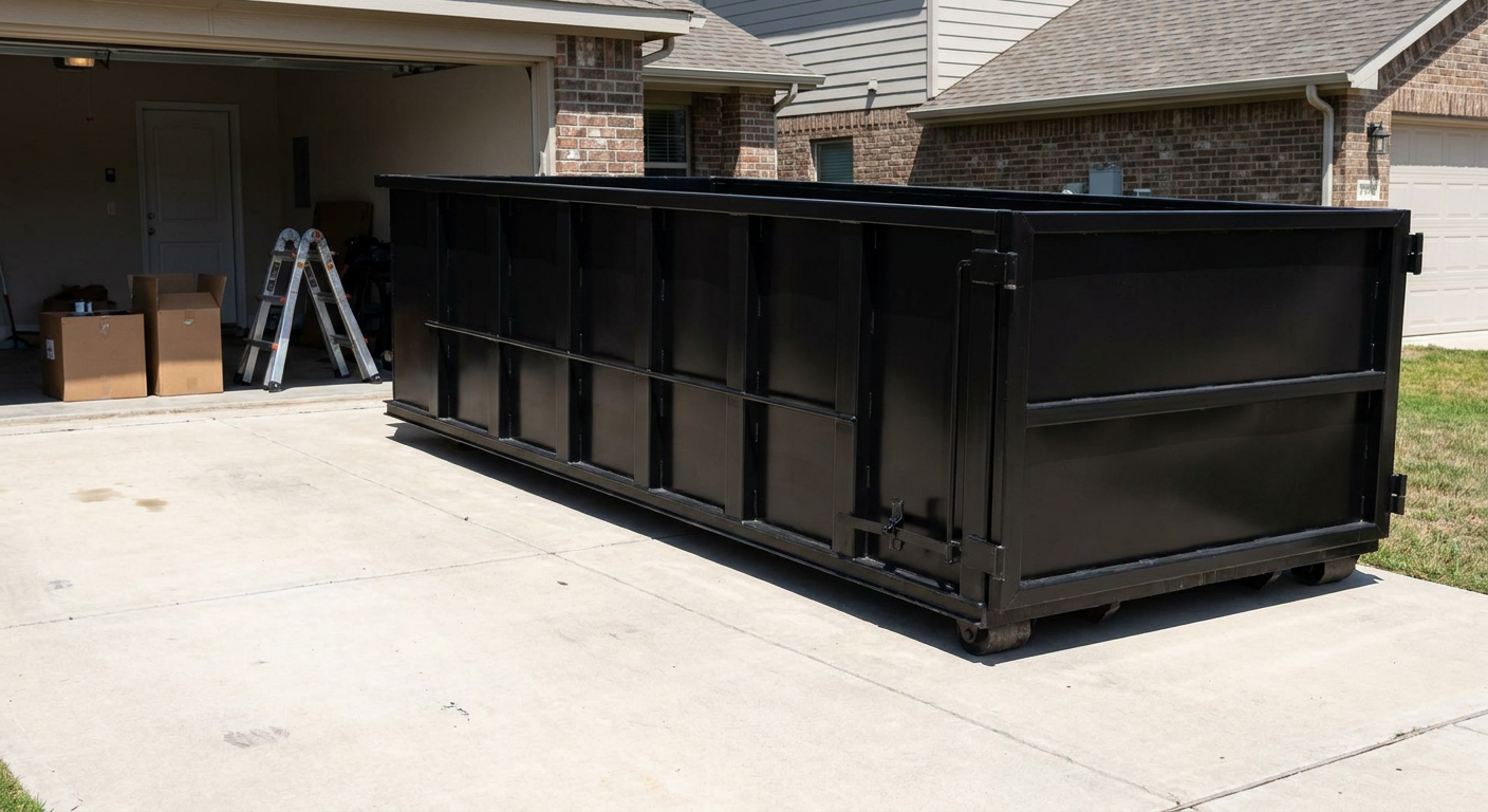 A matte-black 10-yard roll-off dumpster sitting directly on a residential Edinburg concrete driveway, mid-day sunlight, clean and ready for a garage cleanout.