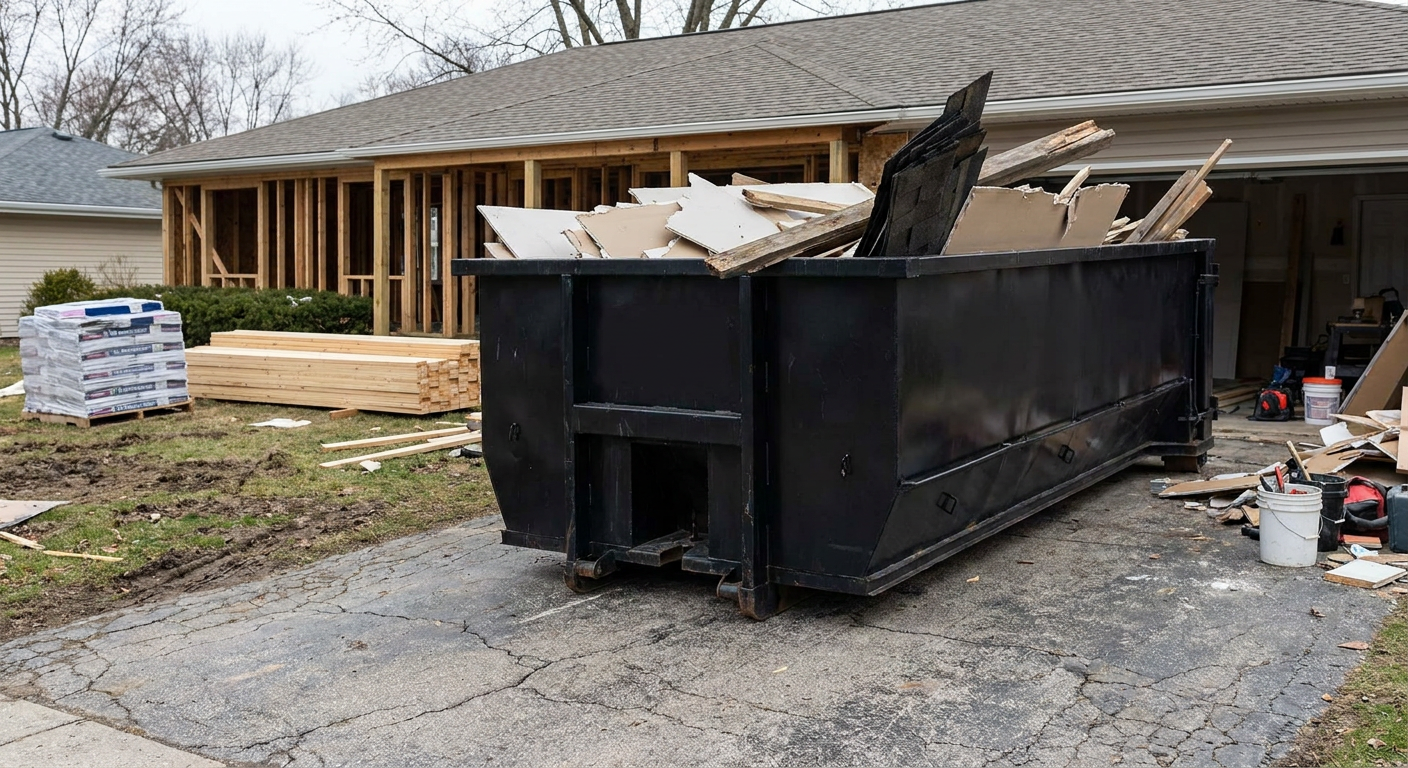A matte-black 20-yard roll-off dumpster placed alongside a mid-renovation Edinburg home directly on the asphalt driveway, with framing materials and torn-off shingles staged neatly nearby.