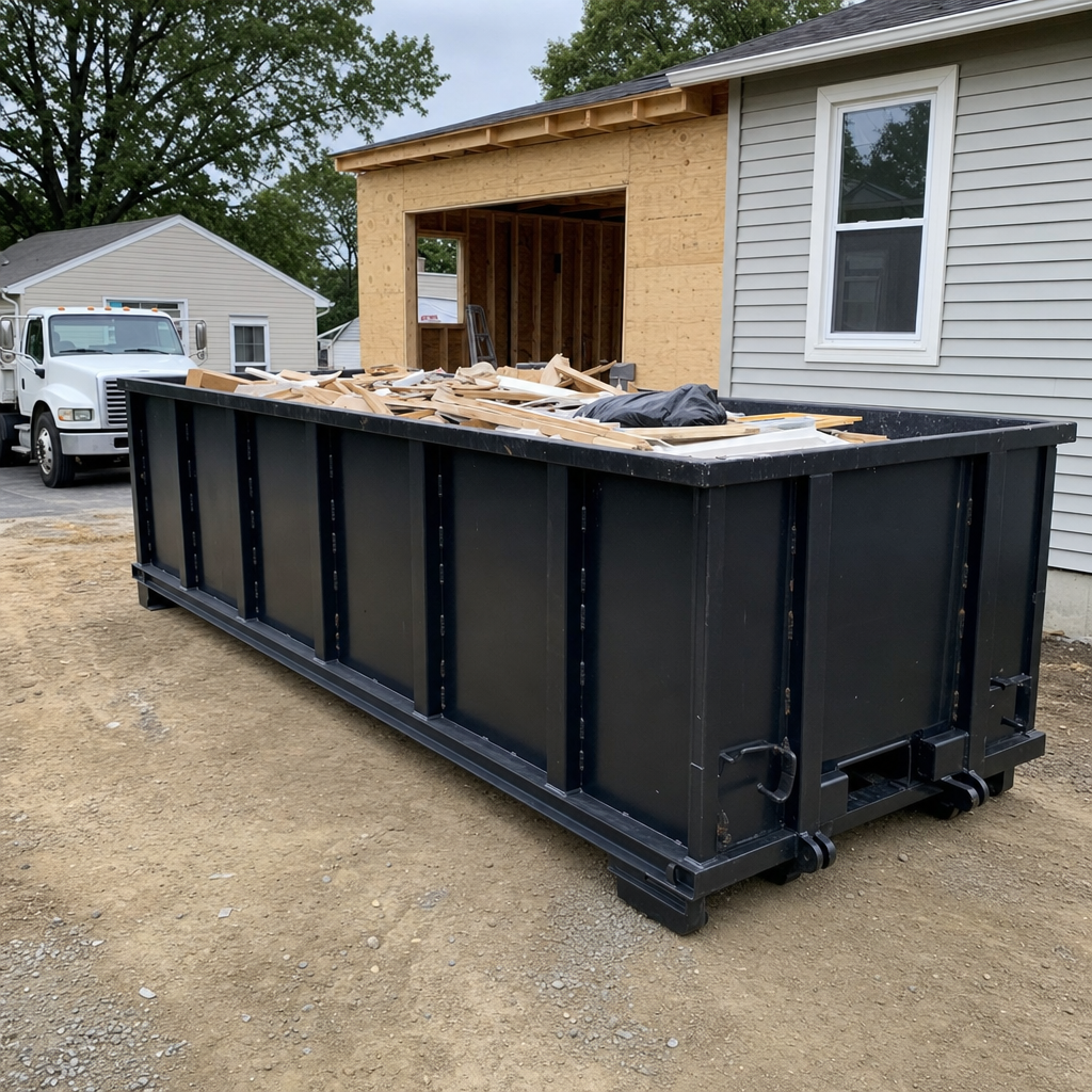 A matte-black 30-yard roll-off dumpster positioned at a Edinburg residential addition jobsite, with framing lumber and drywall scraps loaded through the open swinging rear doors.