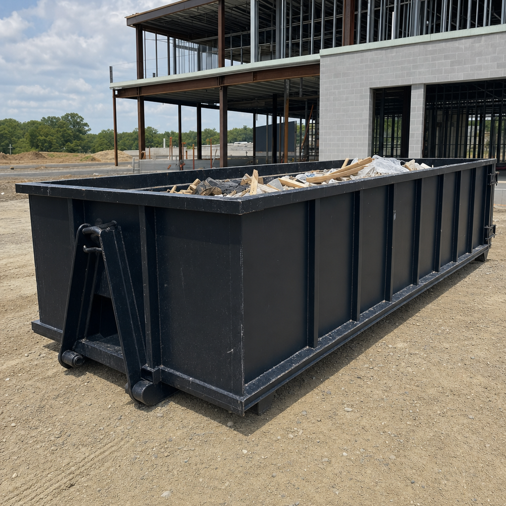 A matte-black 40-yard roll-off dumpster staged on a large Edinburg commercial construction lot, with a hooklift delivery truck parked alongside under bright midday sky.
