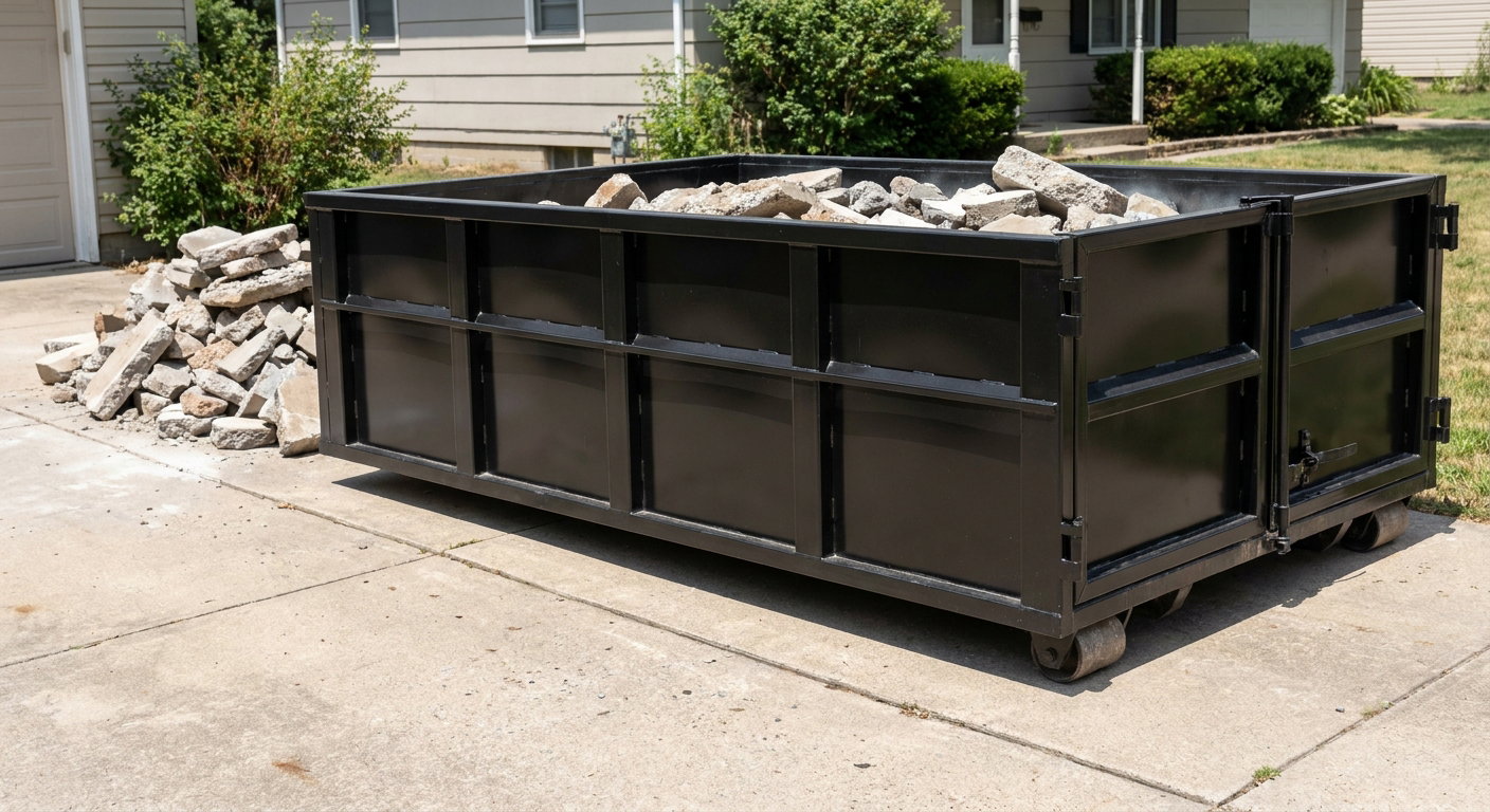 A matte-black low-side heavy-debris roll-off dumpster placed directly on a Edinburg concrete driveway, with broken concrete chunks neatly stacked beside it under clean daylight.